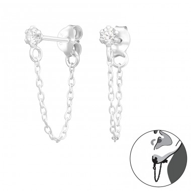 3mm Round with chain - 925 Sterling Silver Double-Sided Ear Studs A4S43356