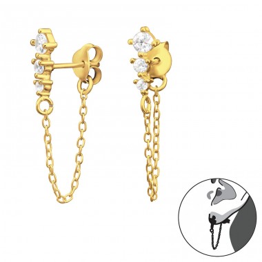 Golden chain stud with zirconia - 925 Sterling Silver Double-Sided Ear Studs A4S43386