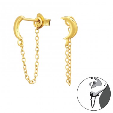Moon with golden chain - 925 Sterling Silver Double-Sided Ear Studs A4S43409