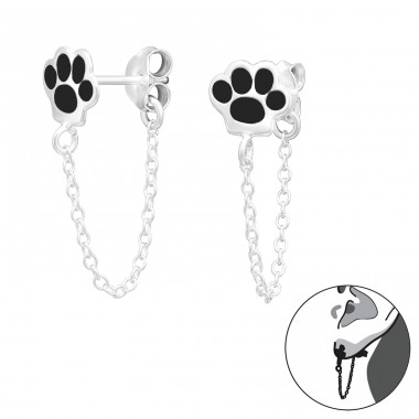 Paw Print stud with chain - 925 Sterling Silver Double-Sided Ear Studs A4S43827