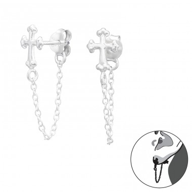 Cross with hanging chain - 925 Sterling Silver Double-Sided Ear Studs A4S43829