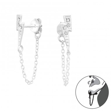 Lightning Bolt linked with chain - 925 Sterling Silver Double-Sided Ear Studs A4S43832