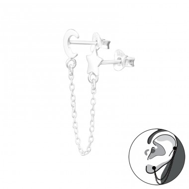 Double stud Moon & Star - 925 Sterling Silver Double-Sided Ear Studs A4S44268