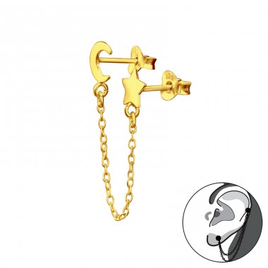 Golden mismatch Moon & Star double studs - 925 Sterling Silver Double-Sided Ear Studs A4S44269