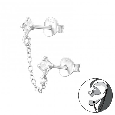 Square With Hanging Chain - 925 Sterling Silver Double-Sided Ear Studs A4S44730