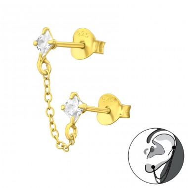 Double Zirconia studs with chain - 925 Sterling Silver Double-Sided Ear Studs A4S44733