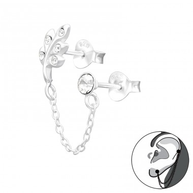 Leaf With Hanging Chain - 925 Sterling Silver Double-sided Ear Studs A4S44751