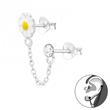 Blume und Kristall verbunden mit einer Kette - Doppelseitige Ohrringe aus 925er Sterlingsilber A4S45009