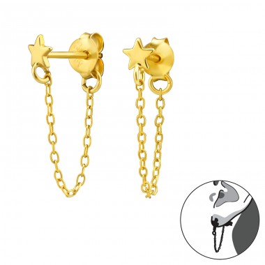 Gold Star with chain - 925 Sterling Silver Double-Sided Ear Studs A4S45037