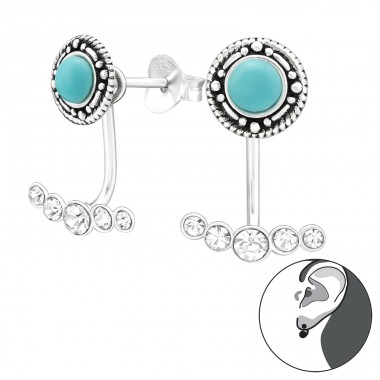 Vintage turquoise two parts - 925 Sterling Silver Double-Sided Ear Studs A4S45155