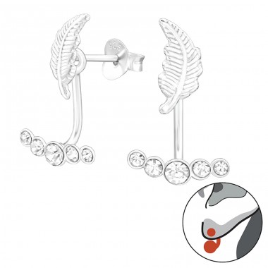 2 parts Feather & crystals - 925 Sterling Silver Double-Sided Ear Studs A4S45160