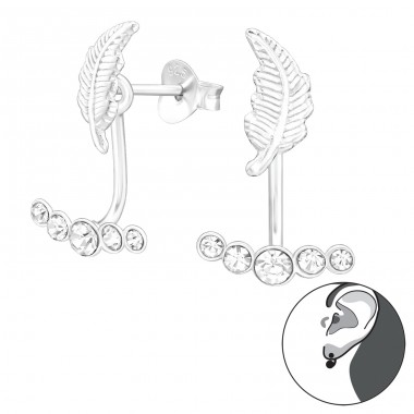 2 parts Feather & crystals - 925 Sterling Silver Double-Sided Ear Studs A4S45160