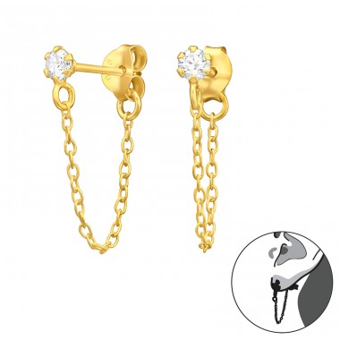 Golden 3mm zirconia stud with hanging chain - 925 Sterling Silver Double-Sided Ear Studs A4S46655