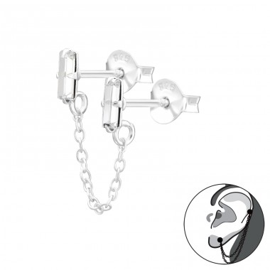 Two baguette shaped zirconia linked by chain - 925 Sterling Silver Double-Sided Ear Studs A4S43336