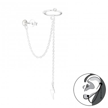 Stud chained to Ear cuff with Lightning bolt - 925 Sterling Silver Double-Sided Ear Studs A4S43339