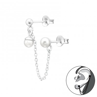 Double ear studs link by chain - 925 Sterling Silver Ear Studs With Pearls A4S43426