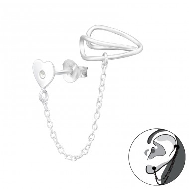 Heart stud with chain earcuf - 925 Sterling Silver Double-Sided Ear Studs A4S43823