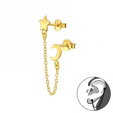 Golden mismatch Moon & Star double studs - 925 Sterling Silver Double-Sided Ear Studs A4S44269