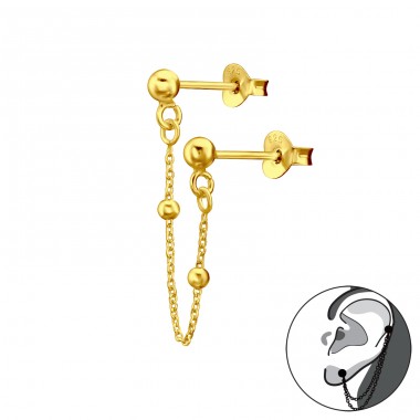 Double stud golden 3mm Ball with chain - 925 Sterling Silver Double-Sided Ear Studs A4S44273
