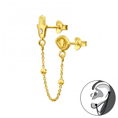 Hamsa And Evil Eye - 925 Sterling Silver Double-sided Ear Studs A4S44275