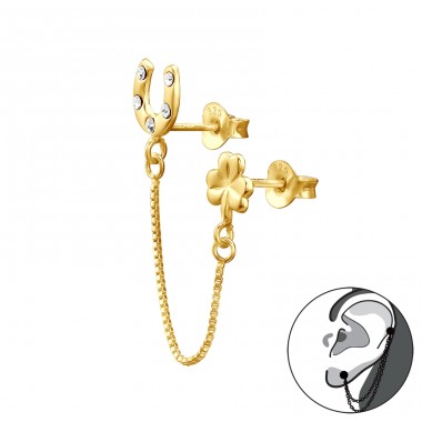 Mismatch Horseshoe And Clover - 925 Sterling Silver Double-Sided Ear Studs A4S44279