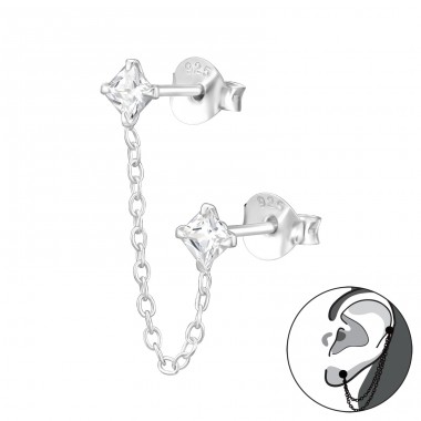 Square With Hanging Chain - 925 Sterling Silver Double-Sided Ear Studs A4S44730