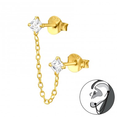 Double Zirconia studs with chain - 925 Sterling Silver Double-Sided Ear Studs A4S44733