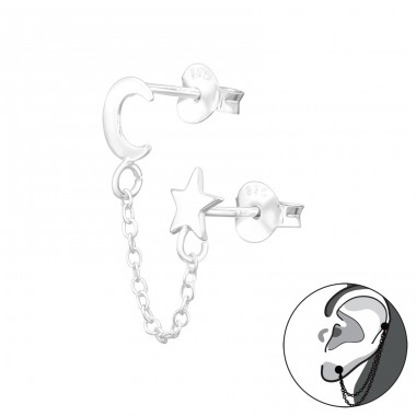 Moon And Star With Hanging Chain - 925 Sterling Silver Double-sided Ear Studs A4S44753