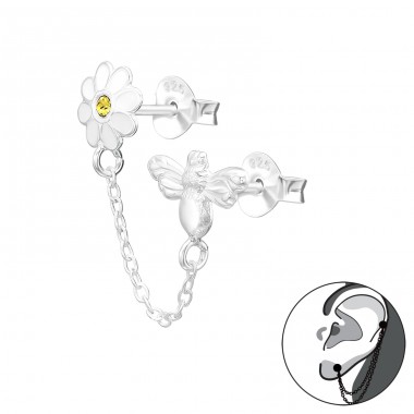 Bee & Flower with chain - 925 Sterling Silver Double-Sided Ear Studs A4S44755