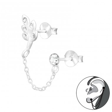 Leaf With Hanging Chain - 925 Sterling Silver Double-sided Ear Studs A4S44757