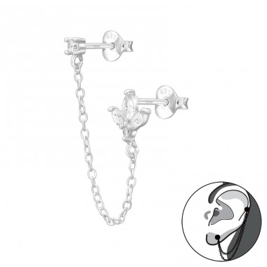 Round Zircon and Leaf connected with a Chain - 925 Sterling Silver Ear Jackets & Connector Earrings A4S50403