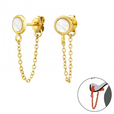 Golden stud with Shell and hanging chain - 925 Sterling Silver Double-Sided Ear Studs A4S43341