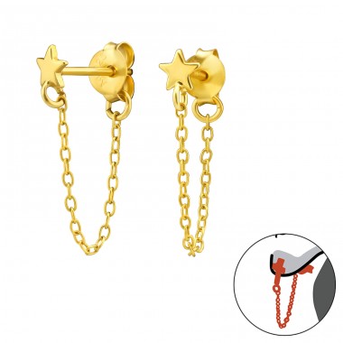 Gold Star with chain - 925 Sterling Silver Double-Sided Ear Studs A4S45037