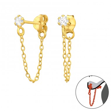 Golden 3mm zirconia stud with hanging chain - 925 Sterling Silver Double-Sided Ear Studs A4S46655