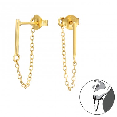 Golden Bar With Chain - 925 Sterling Silver Double-Sided Ear Studs A4S42272
