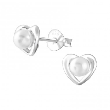 Heart - 925 Sterling Silver Ear Studs with Pearls A4S36791