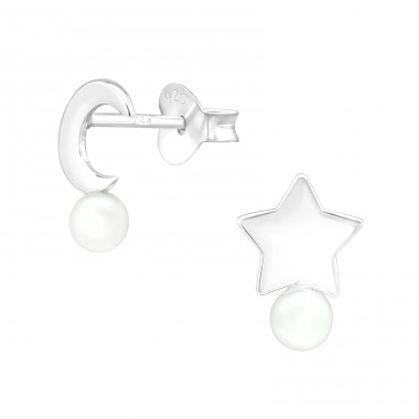 Moon & star - 925 Sterling Silver Ear Studs With Pearls A4S39991