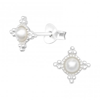 Geometric - 925 Sterling Silver Ear Studs with Pearls A4S40486