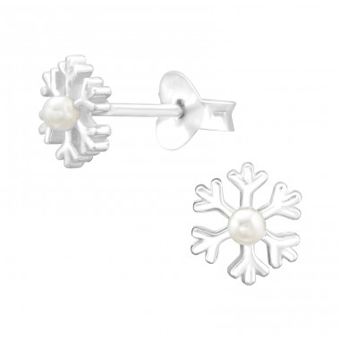 Snowflake with mini pearl inside - 925 Sterling Silver Ear Studs With Pearls A4S43349