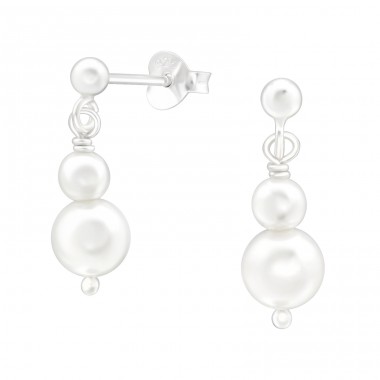 3mm Silver ball with two hanging pearls - 925 Sterling Silver Ear Studs With Pearls A4S43406