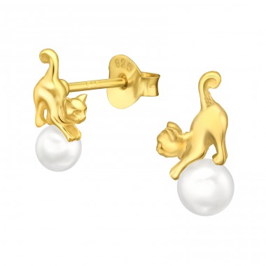 Golden Cat on pearl - 925 Sterling Silver Ear Studs With Pearls A4S44884
