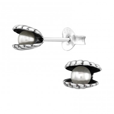 Open Shell with pearl inside - 925 Sterling Silver Ear Studs With Pearls A4S45347