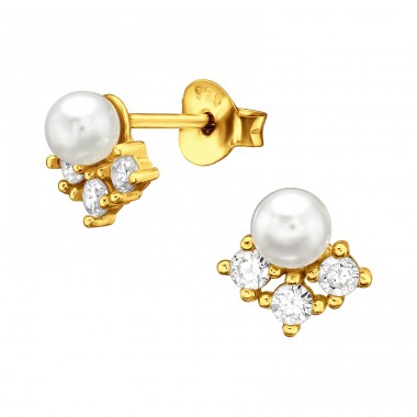 Golden Flower with pearl and Zirconia - 925 Sterling Silver Ear Studs With Pearls A4S45574