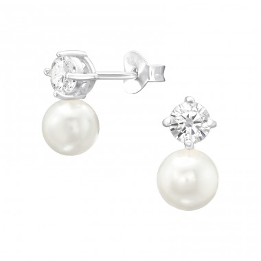 Duo Stone Pearl and zirconia - 925 Sterling Silver Ear Studs With Pearls A4S46213