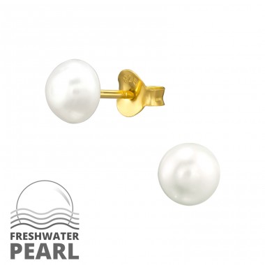 Gold plated 6mm with Pearl - 925 Sterling Silver Ear Studs With Pearls A4S46659
