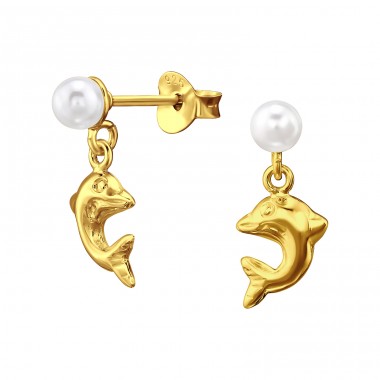 Golden pearl with hanging Dolphin - 925 Sterling Silver Ear Studs With Pearls A4S46886