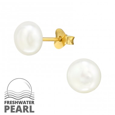 Golden with Pearl 7mm - 925 Sterling Silver Ear Studs With Pearls A4S49071