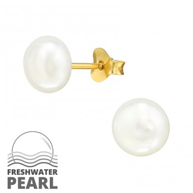 Golden with Pearl 7mm - 925 Sterling Silver Ear Studs With Pearls A4S49071