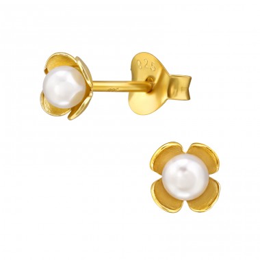 Golden Flower with Pearl - 925 Sterling Silver Ear Studs With Pearls A4S49074