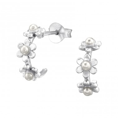 Half Hoop Flower - 925 Sterling Silver Ear Studs With Pearls A4S49503